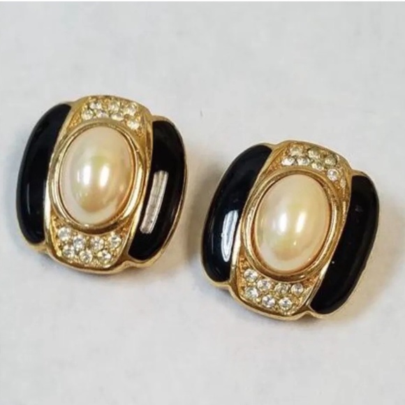Vintage Christian Dior Faux Pearl Stones Black Enamel Gold Tone Clip-On Earrings - Picture 1 of 6